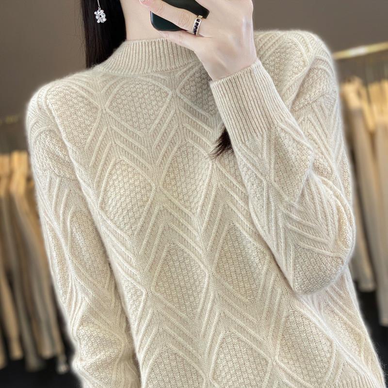 菱形半高领针织衫女加厚毛衣2025新款宽松针织打底衫女式