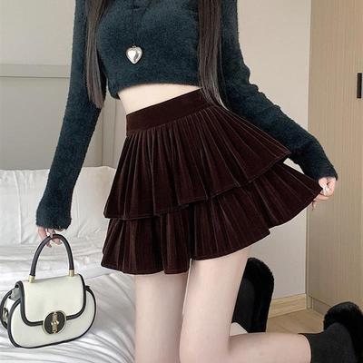 丝绒半身裙女秋冬新款高腰松紧带小个子宽松显瘦甜美百褶蛋糕短裙