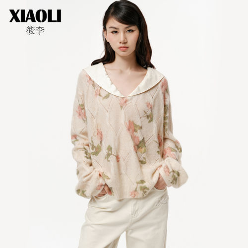 XIAOLI筱李26年秋季新品印花丝羊绒珠片毛衣拼接丝毛海军领套衫