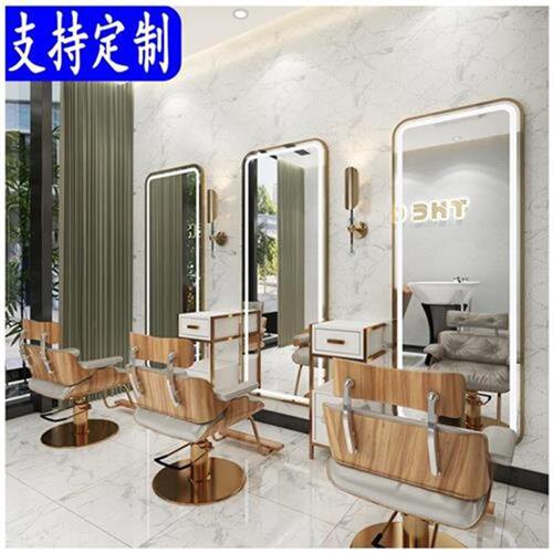 新品理发店镜子发墙美发镜台单面A落壁带灯发光理发镜子地挂式挂