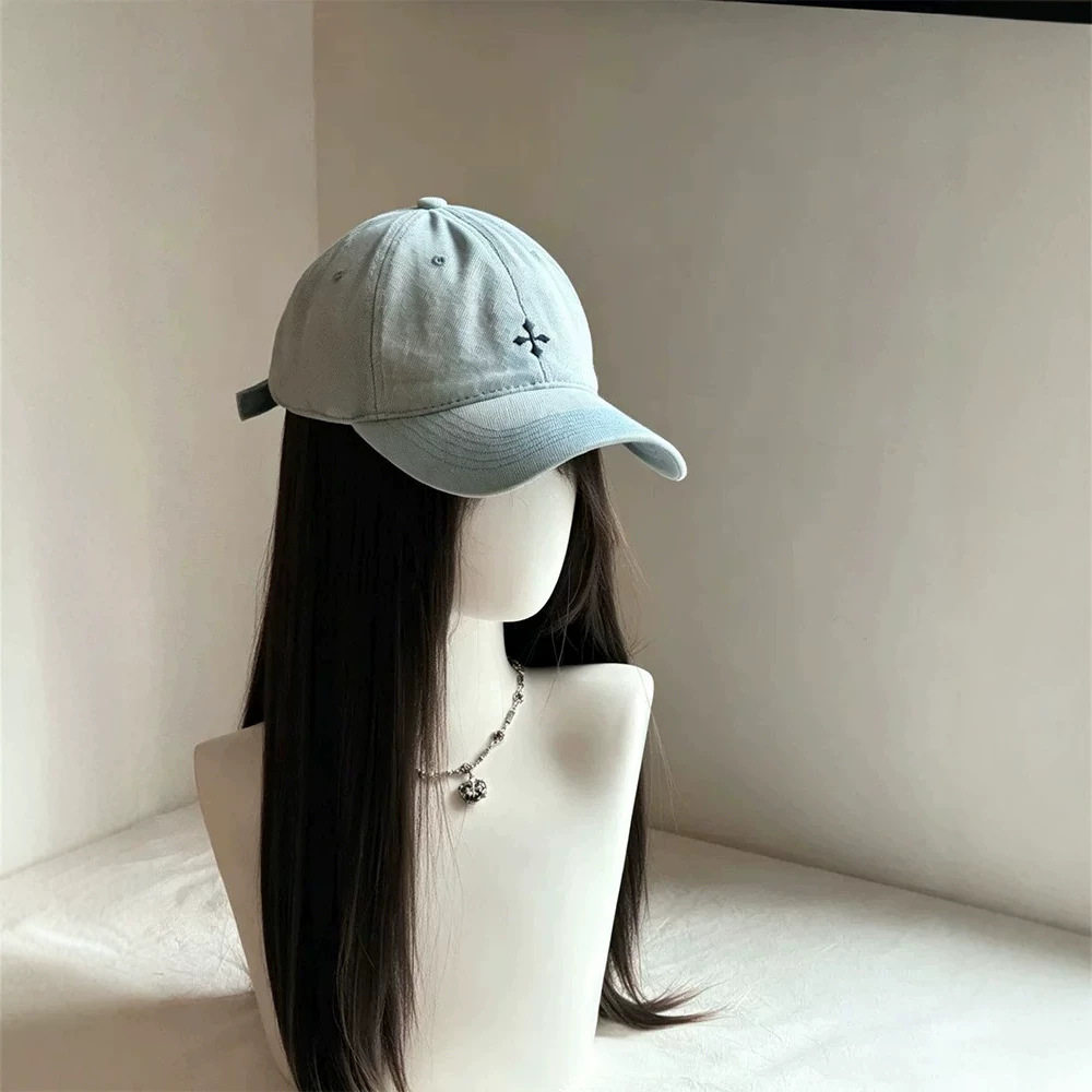 帽子假发一体女长发牛仔蓝刺绣鸭舌帽宽帽檐大头围时尚百搭假发帽