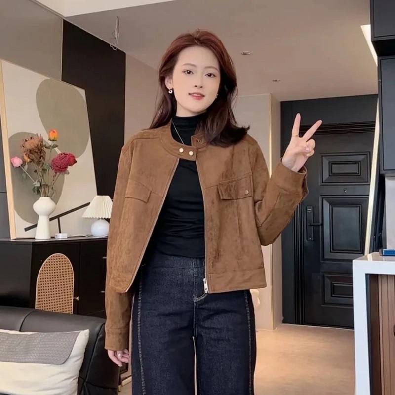 设计感秋冬新款鹿皮绒短款外套女2024爆款外搭小个子夹克上衣女