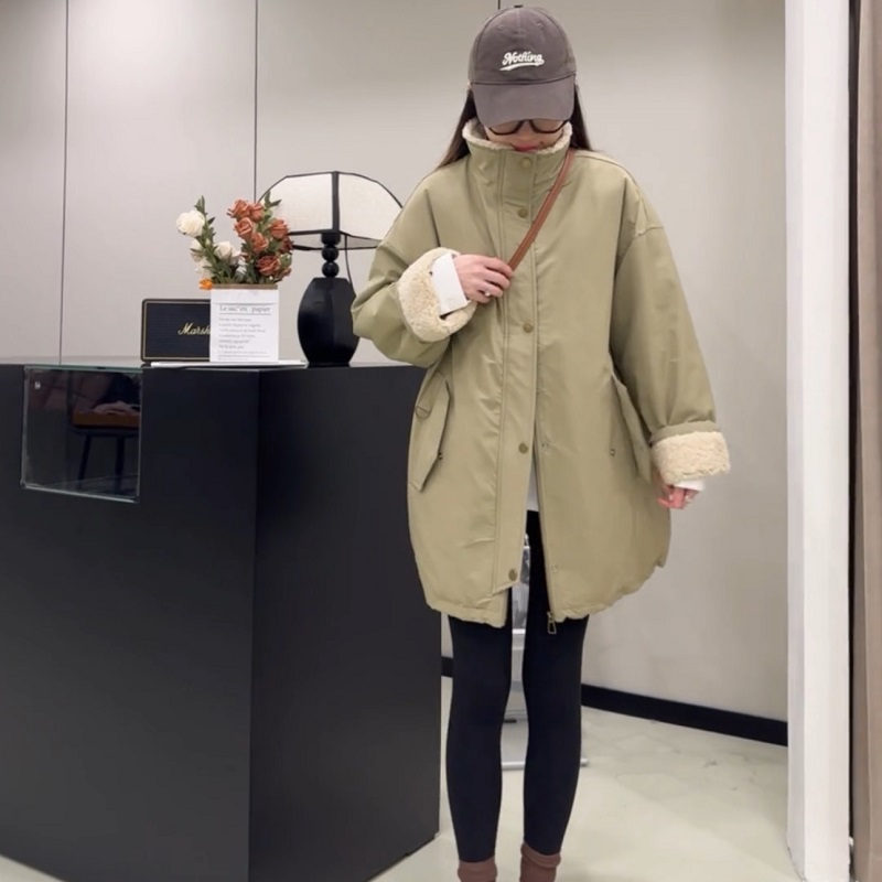 中长款加绒加厚派克服风衣外套女冬季新款2025年韩系保暖棉服上衣