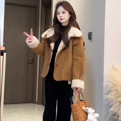 加绒加厚短款两面穿羊羔毛外套女秋冬2025新款巨好看皮毛一体上衣