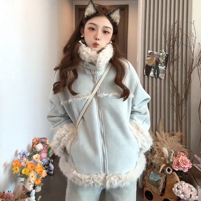 小个子冬季加绒加厚皮毛一体羊羔毛外套女短款机车服软糯高级感