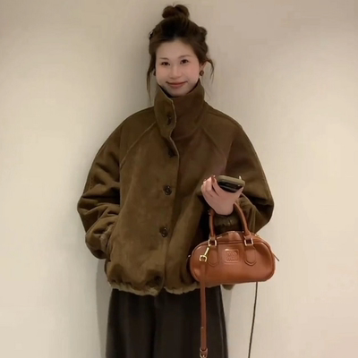 小个子立领皮毛一体羊羔毛加厚短款外套女秋冬季2025新款加绒上衣
