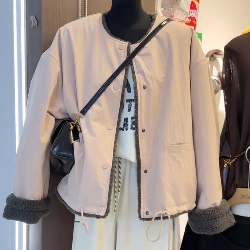 秋冬新款女装皮毛一体外套女2025时尚休闲圆领短款宽松显瘦上衣