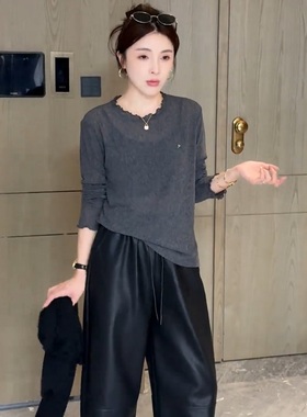 韩系圆领木耳边灰色长袖t恤2025秋新款显瘦小个子内搭打底衫上衣