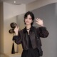 2025秋新款 翻领拉链机车夹克外套复古小个子夹克上衣 PU皮衣女短款