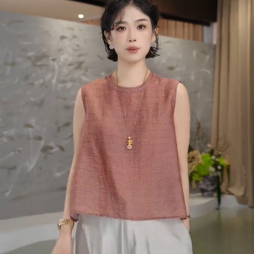高级感慵懒风休闲圆领马甲衬衫女夏外穿2026百搭宽松显瘦无袖上衣