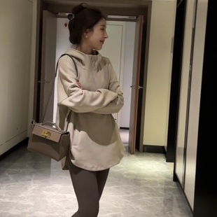 带口袋长袖 半拉链连帽卫衣女宽松显瘦中长款 上衣外套 新款 2024秋季