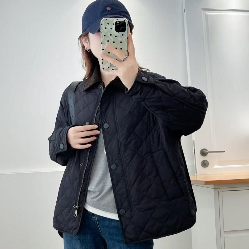 欧货灯芯绒拼接翻领菱格棉服外套女秋冬2025新款显瘦薄款夹棉上衣
