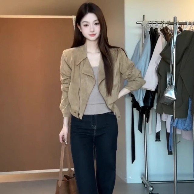 美拉德风鹿皮绒翻领短外套女2025新款高级感小个子机车夹克上衣潮