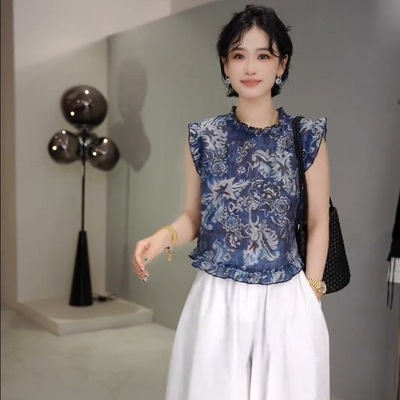 法式复古碎花衬衫女2025夏季新款设计感小众无袖高级感蓝色上衣潮