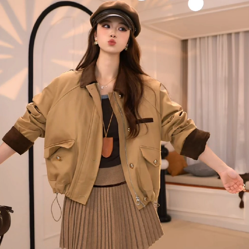 韩系小个子翻领夹棉加厚短款外套女2025秋冬新款时尚百搭夹克棉衣