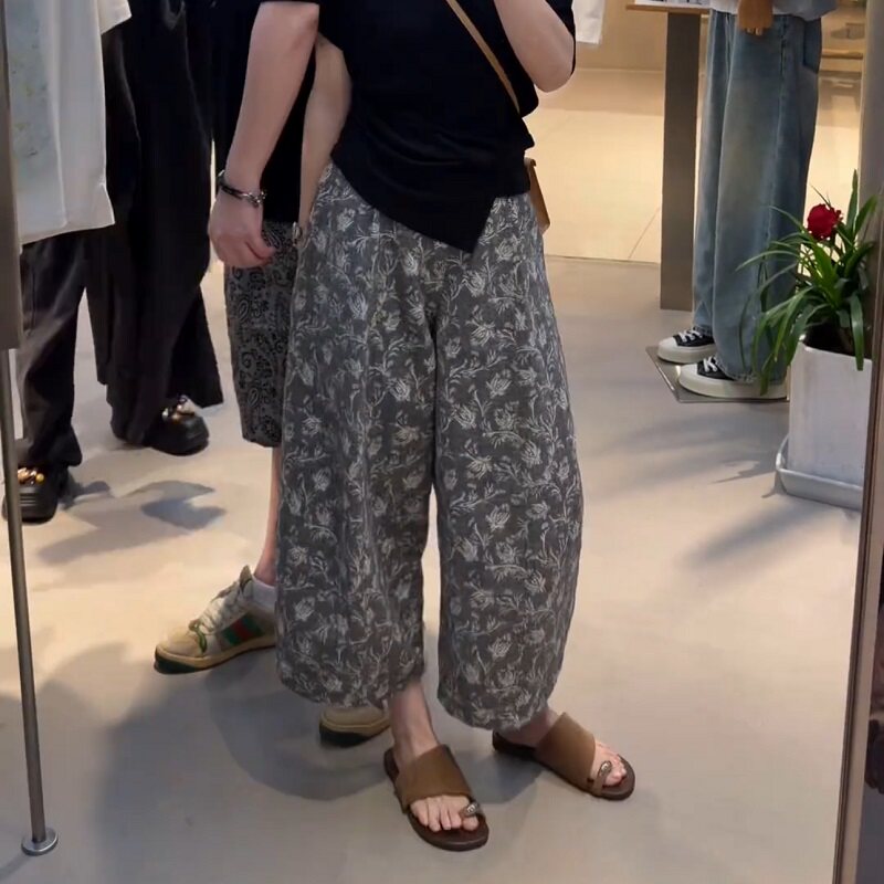 夏季薄款印花阔腿裤女高腰显瘦宽松直筒休闲垂感百搭九分花裤子
