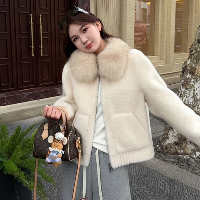 巨好看奶糯环保羊羔绒皮毛一体设计感保暖染尖小个子毛领毛毛外套