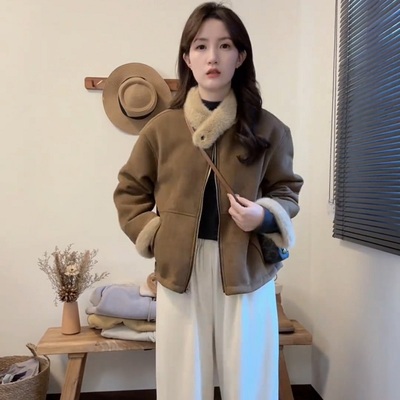 冬季爆款加绒加厚保暖短款皮毛一体外套女2025新款百搭羊羔毛上衣