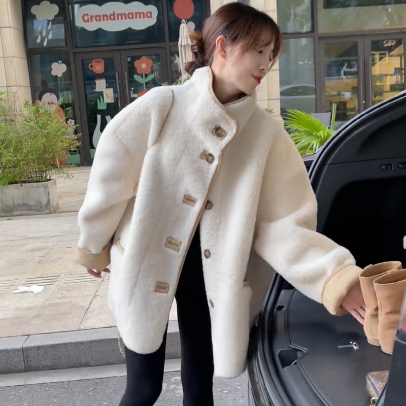 韩版休闲简约立领皮毛一体外套女