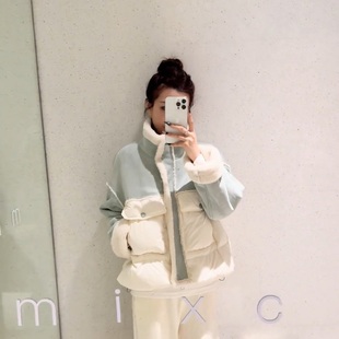 韩系羊羔毛领拼接立领羽绒棉服女2024冬新款小个子短款面包服外套