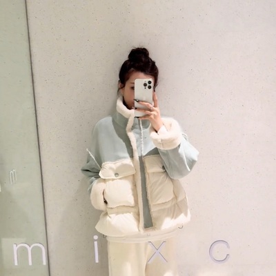 韩系羊羔毛领拼接立领羽绒棉服女2024冬新款小个子短款面包服外套