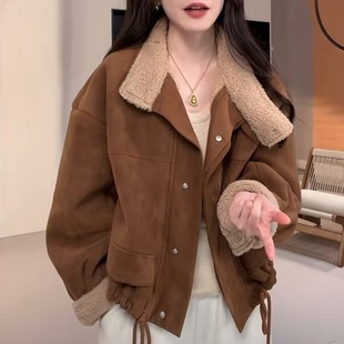 韩系加绒短夹克麂皮外套女2025年冬季新款小个子美拉德穿搭上衣女