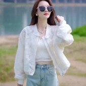 欧货重工蕾丝刺绣珍珠盘扣棒球服女春秋防晒短款 上衣 宽松显瘦薄款