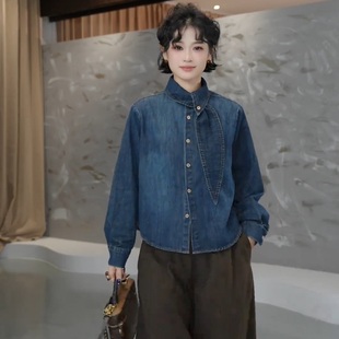 洋气飘带上衣 时尚 高级感港味复古领带磨毛牛仔衬衫 女2025秋冬韩版