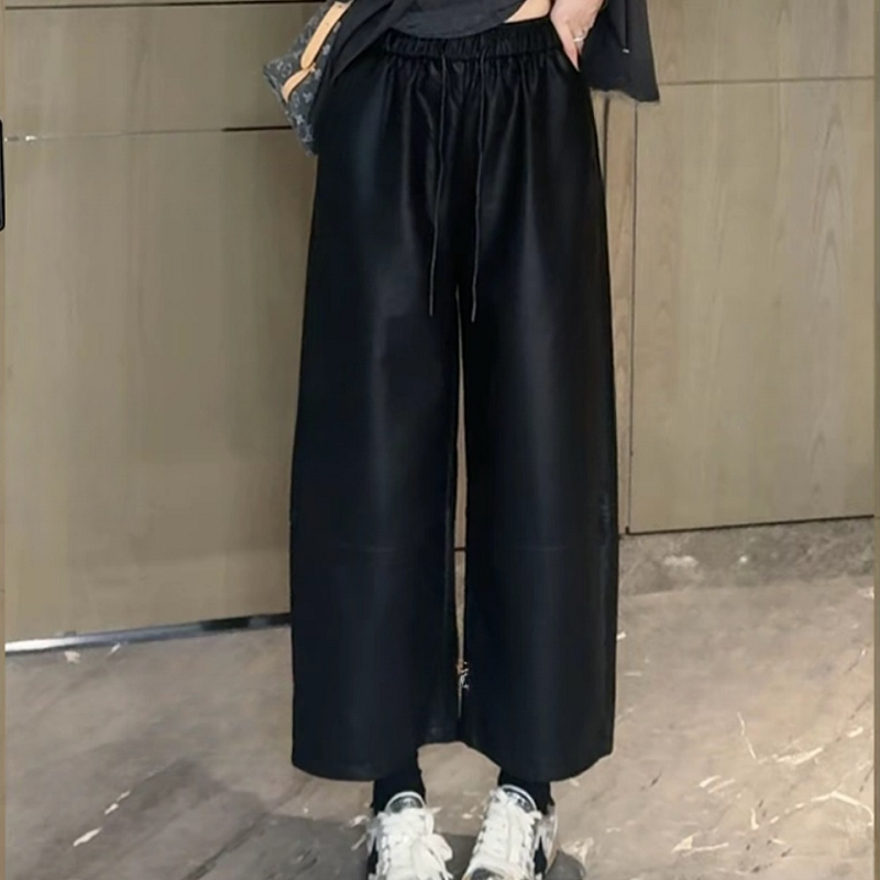 高腰简约松紧腰蛋白皮裤子2025秋冬新款宽松百搭直筒女士九分皮裤