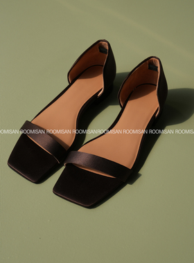 ROOMISAN 2025SS New法式复古极简风真丝鞋面低跟方头凉鞋003