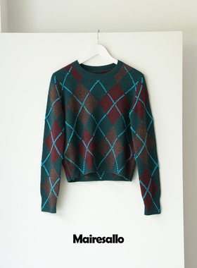 ROOMISAN【古典艺术家.菱形格绵羊毛复古套头毛衣】25841