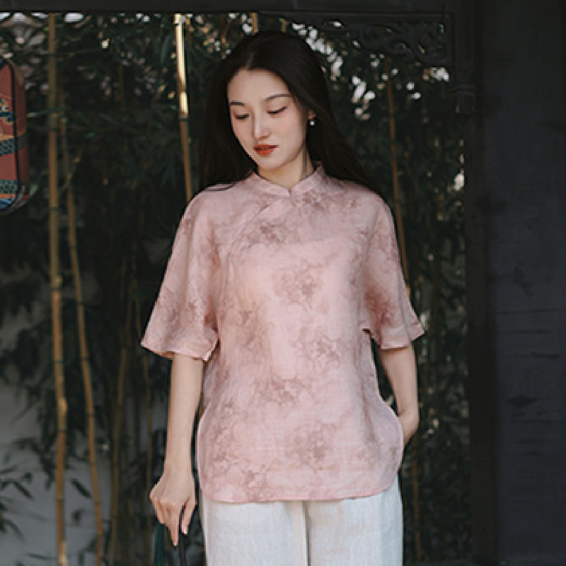 新中式女装2025夏季新款斜开襟苎麻印花上衣国风复古t恤打底衫潮
