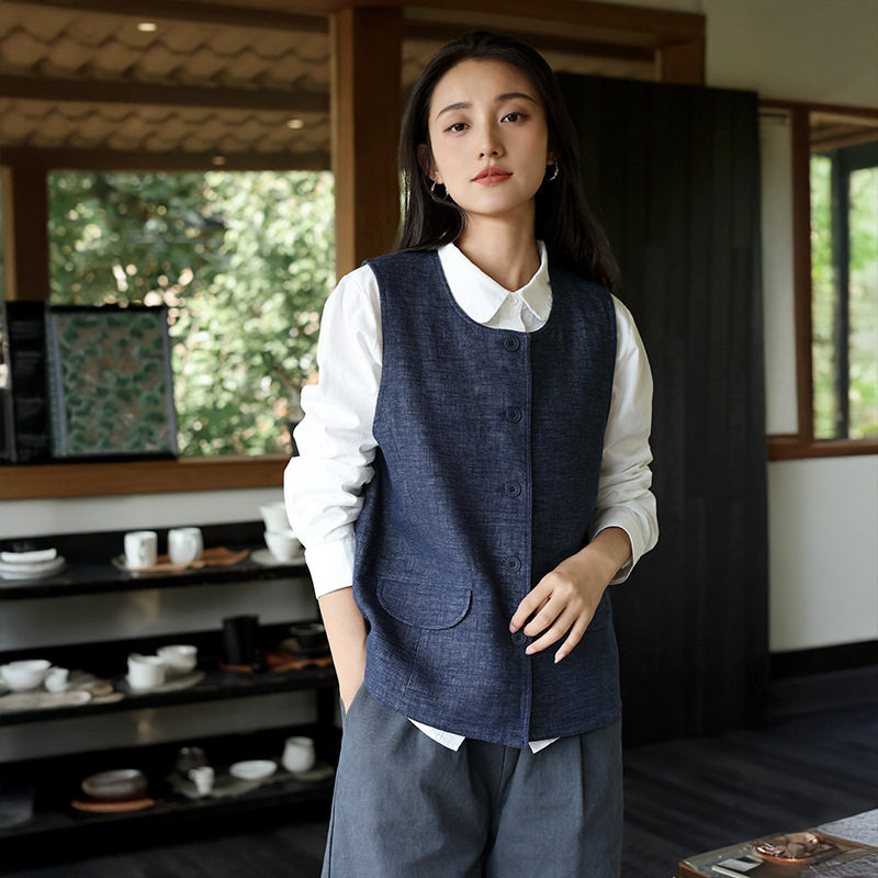 新中式冬季新款简约亚麻压缩棉马甲女感棉麻背心外穿夹棉坎肩马夹