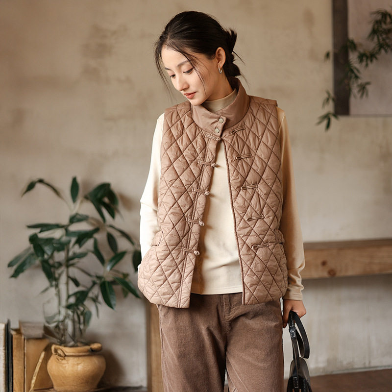冬季新款新中式棉马甲女外穿国风背心保暖菱形格夹棉坎肩盘扣马夹