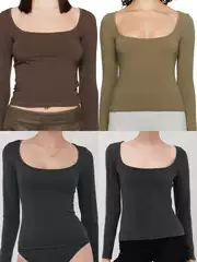 Chic Sweet and Spicy Kendall Jenner Style Skims New Vintage Kardashian Retro Square Neck Long-Sleeve Short T-Shirt