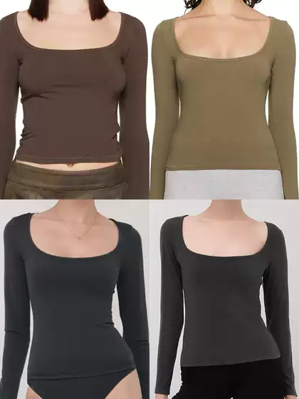 Chic Sweet and Spicy Kendall Jenner Style Skims New Vintage Kardashian Retro Square Neck Long-Sleeve Short T-Shirt