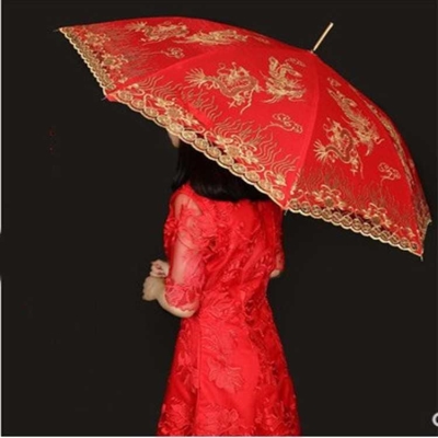菲寻结婚雨伞长柄出嫁新娘红复古防晒伞蕾丝花边喜庆