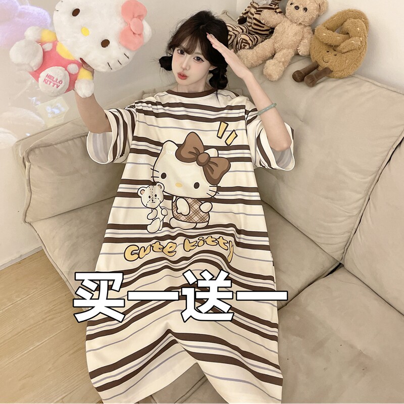 买一送一睡裙女夏天短袖纯棉卡通可爱宽松夏天可外穿孕妇连衣裙