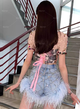 ive女团张元英同款手工定钻蕾丝上衣牛仔裤套装重工爵士舞舞蹈服