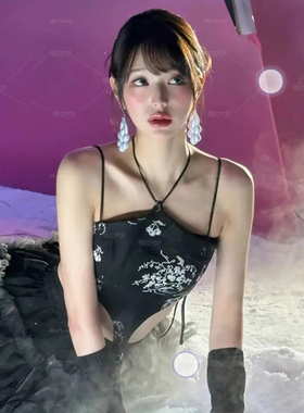 张元英同款印花黑色抹胸网纱裙辣妹套装舞蹈演出服成人打歌服