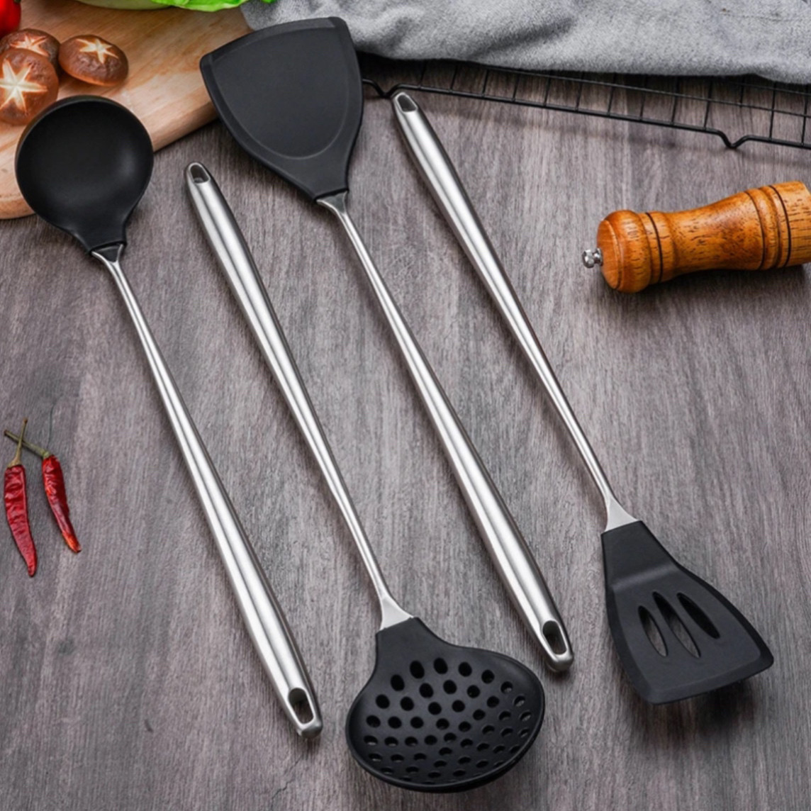 304不锈钢加长柄硅胶锅铲不粘锅专用铲家用炒菜铲子食品级耐高温