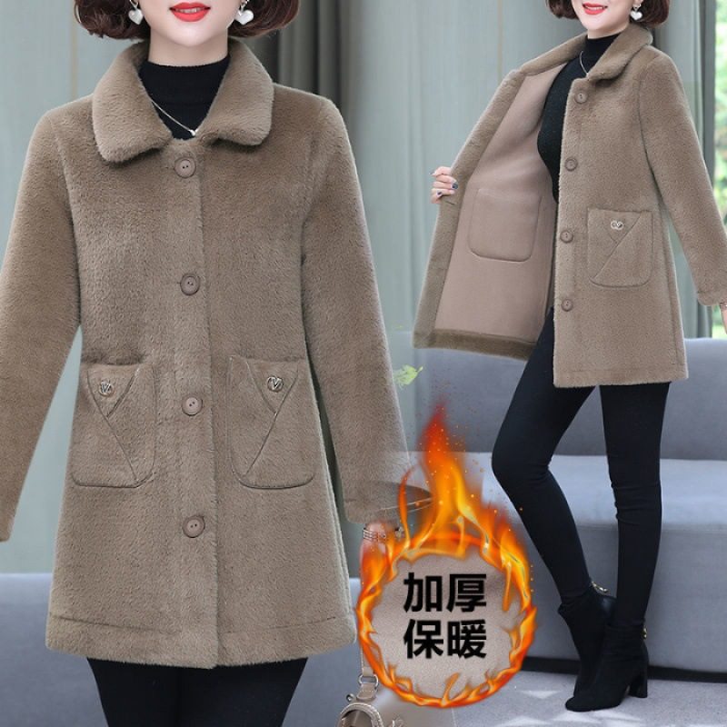 妈妈冬外套仿羊羔绒中长款2023新款洋气中老年女皮毛一体毛呢大衣