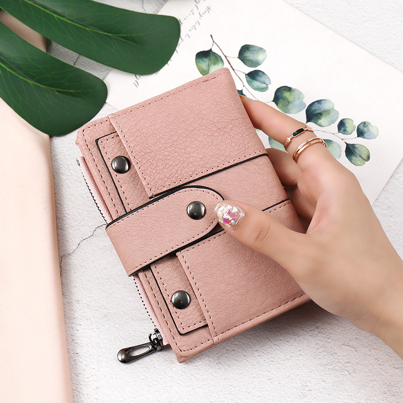 钱包女短款2023新款折叠多功能零钱包软皮磨砂搭扣学生韩版小钱夹