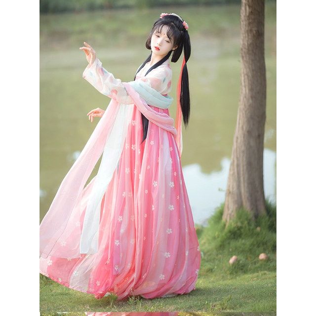盛夏蜜桃一片式齐胸襦裙粉色少女可爱唐制汉服女春夏【8月10日发