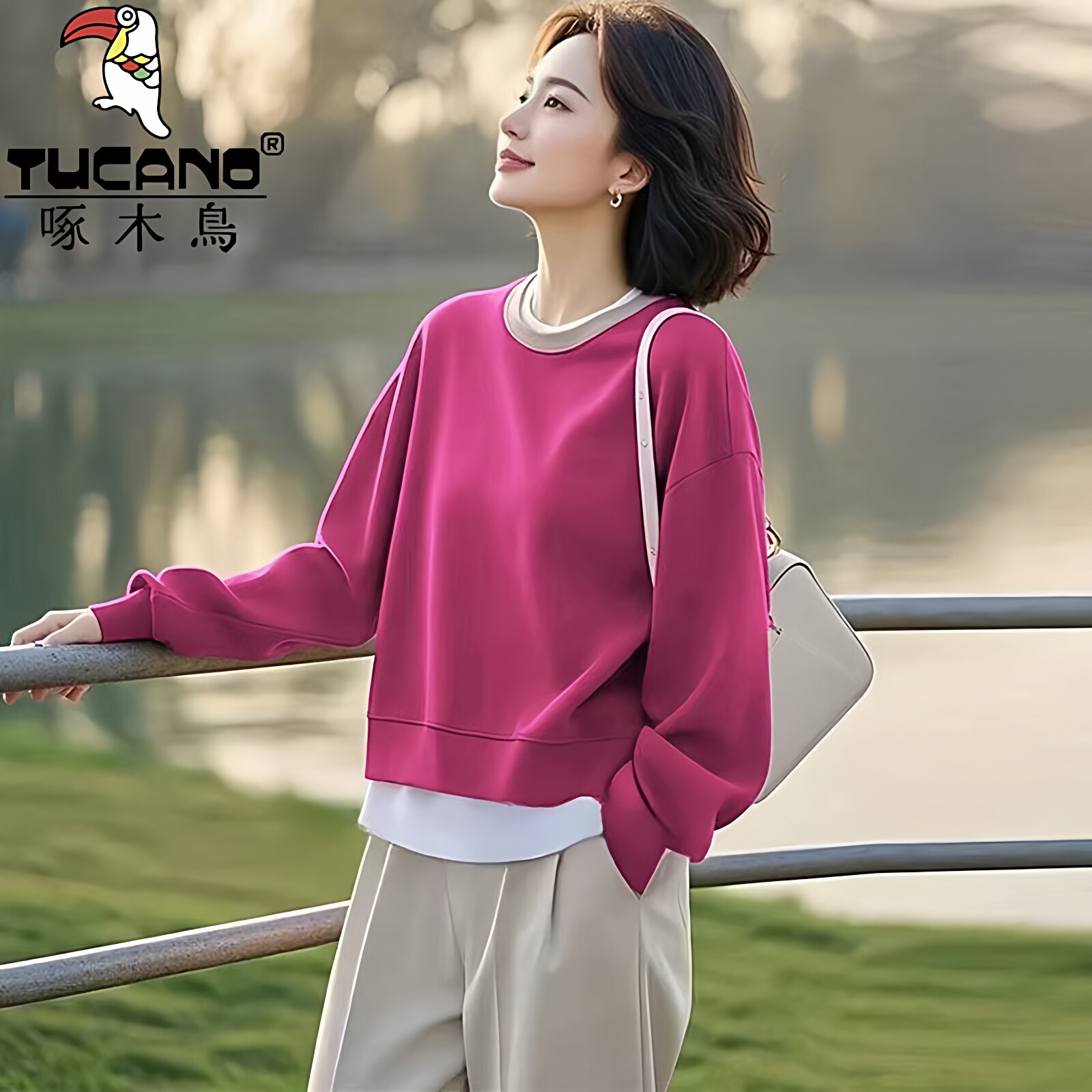 啄木鸟正品纯棉假两件卫衣女2026春季时尚显瘦高档简约圆领上衣女