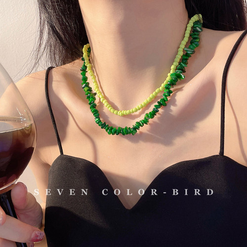 夏季绿色几何石头串珠项链锁骨链