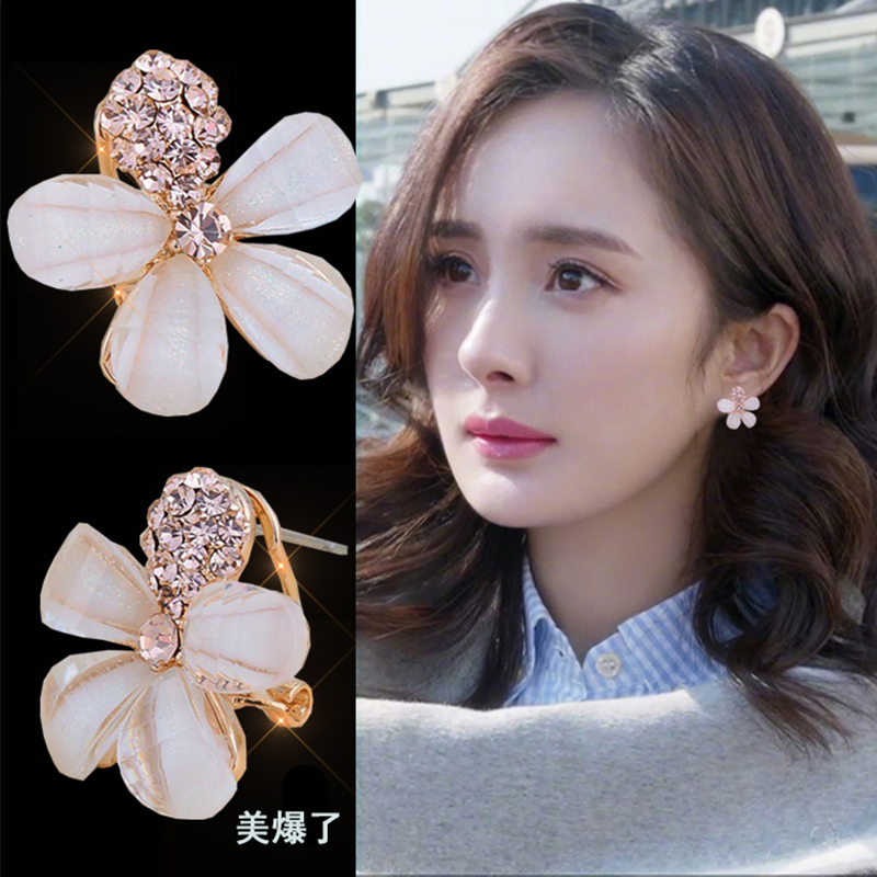 高级感夸张大气花朵耳扣式耳钉韩版气质个性S925纯银水钻耳饰耳环
