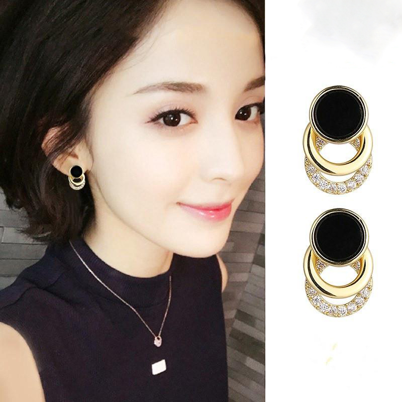 耳环圈圈女纯银黑色耳钉高级耳饰