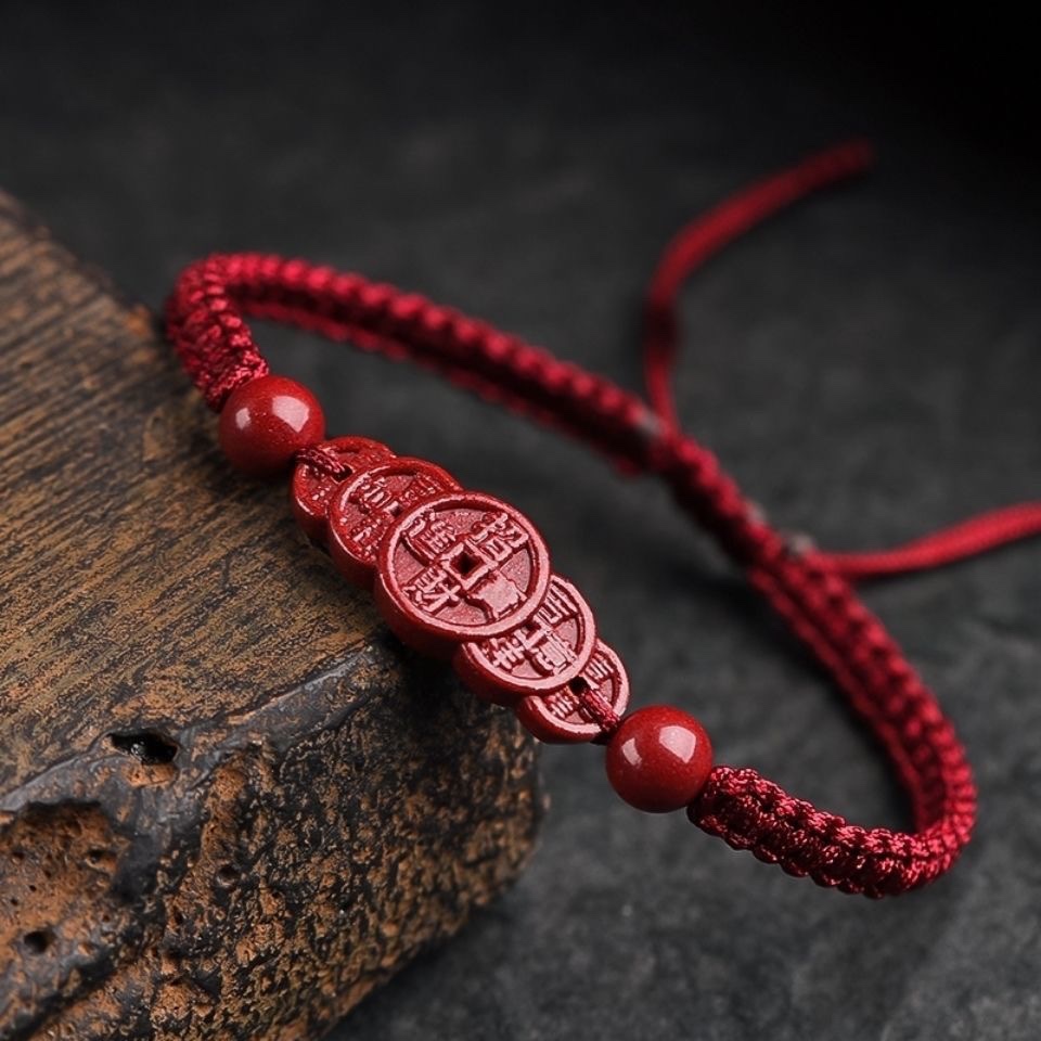 朱砂五帝钱红绳手链女男本命年转运红手绳编织绳护身符复古