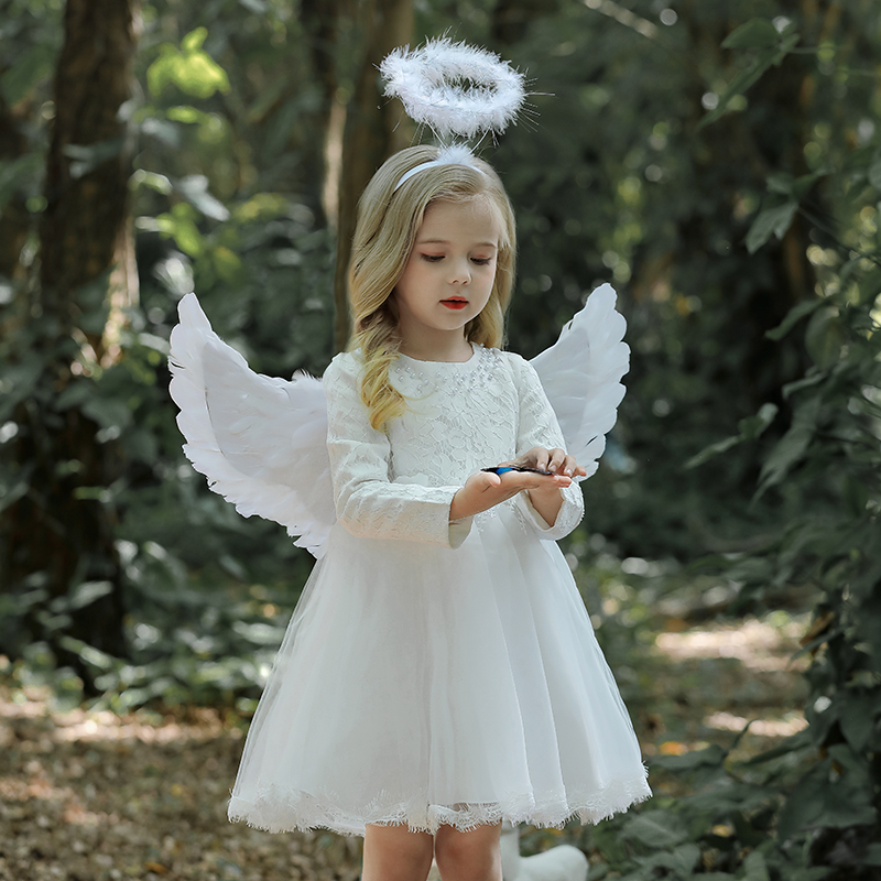 花童翅膀公主裙女童白色生日恶魔天使万圣节儿童COS服装羽毛道具